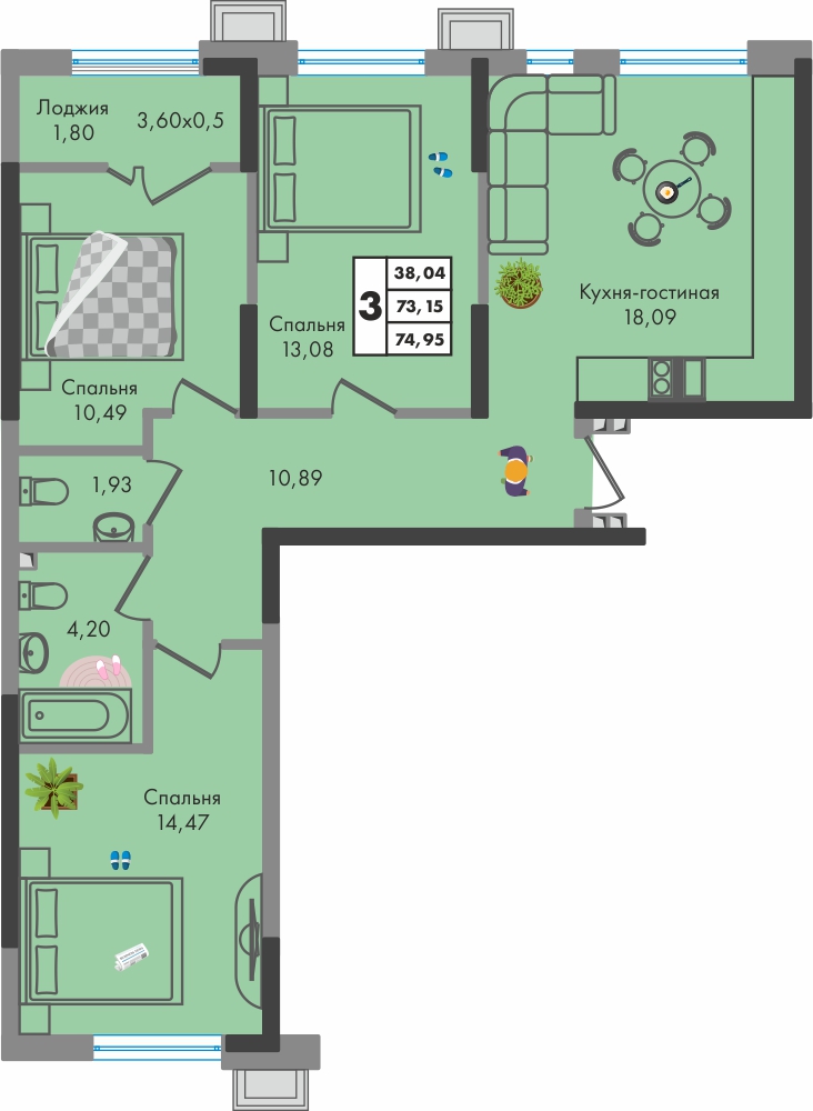 Планировка 3-комнатная 75 м²