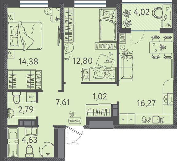 Планировка 2-комнатная 60,7 м²