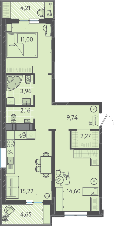 Планировка: 2-комн. квартира 62,5 м²