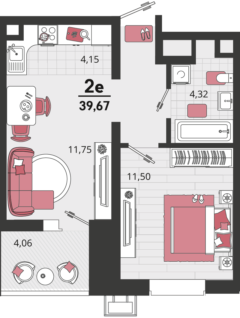 Планировка 2-комнатная 39,67 м²
