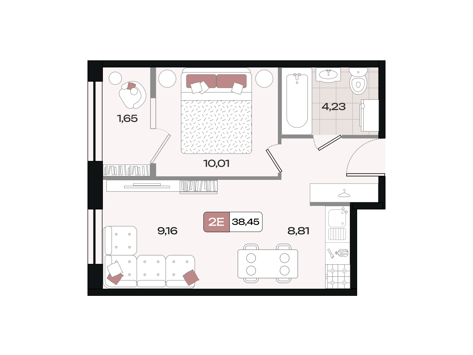Планировка 2-комнатная 38,45 м²