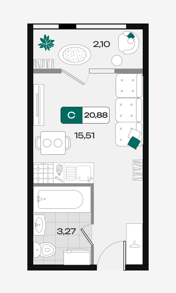 Планировка: Студия 20,9 м²