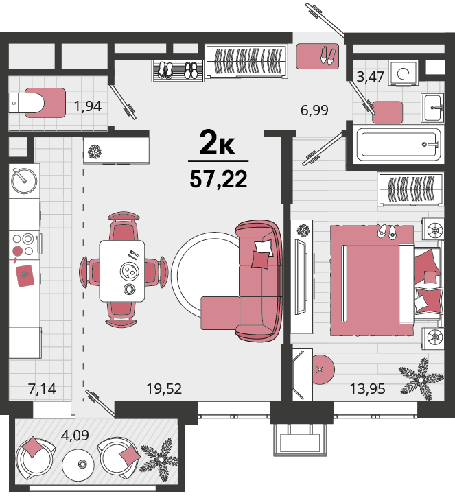 Планировка 2-комнатная 57,22 м²