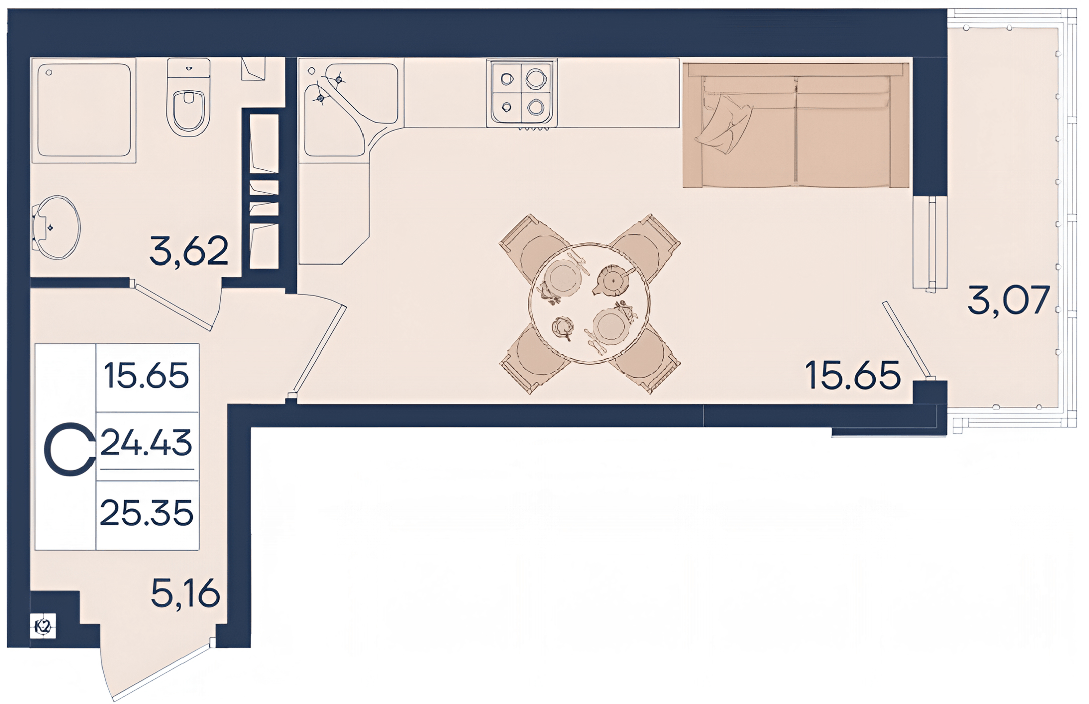 Планировка: Студия 25,4 м²