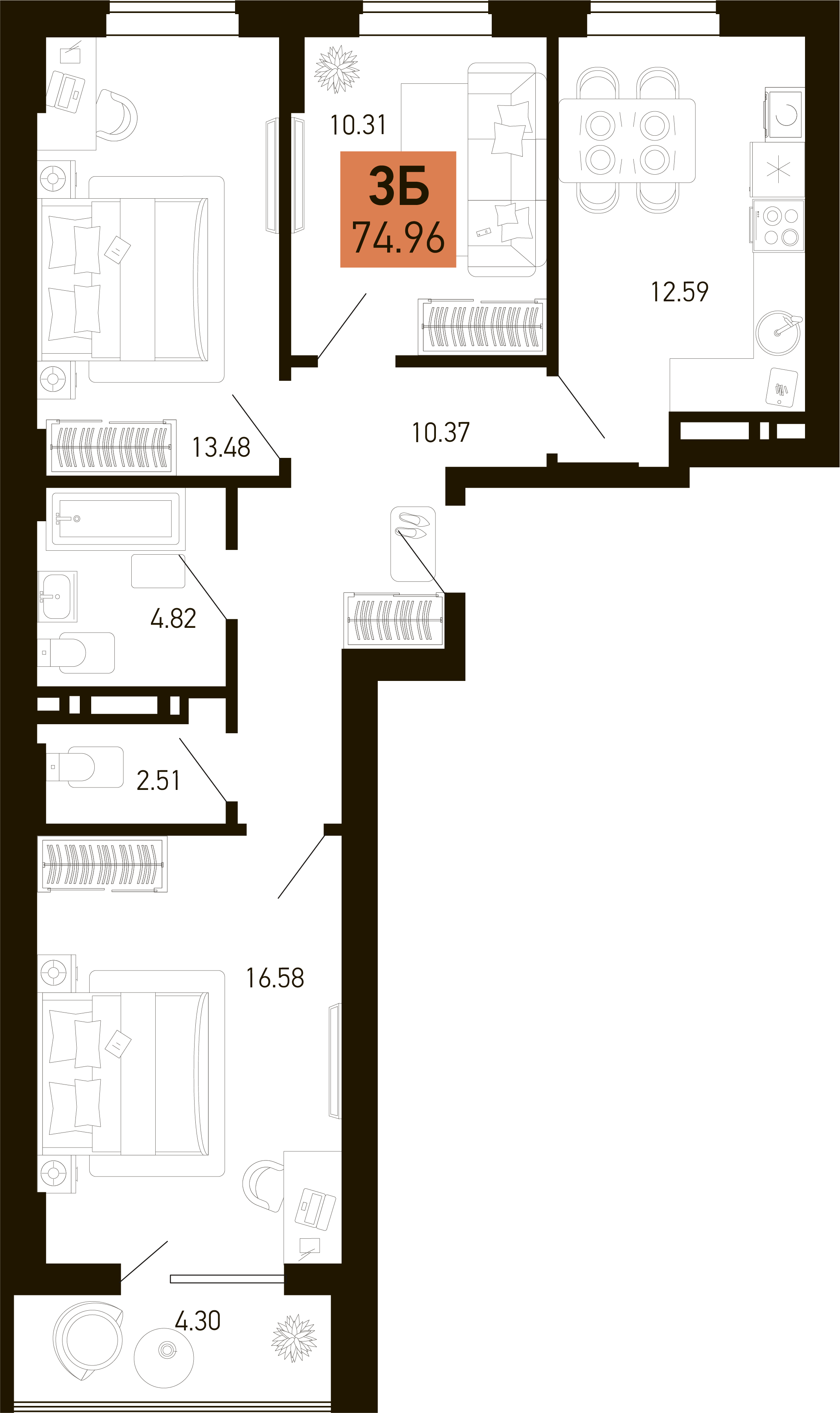 Планировка 3-комнатная 74,96 м²