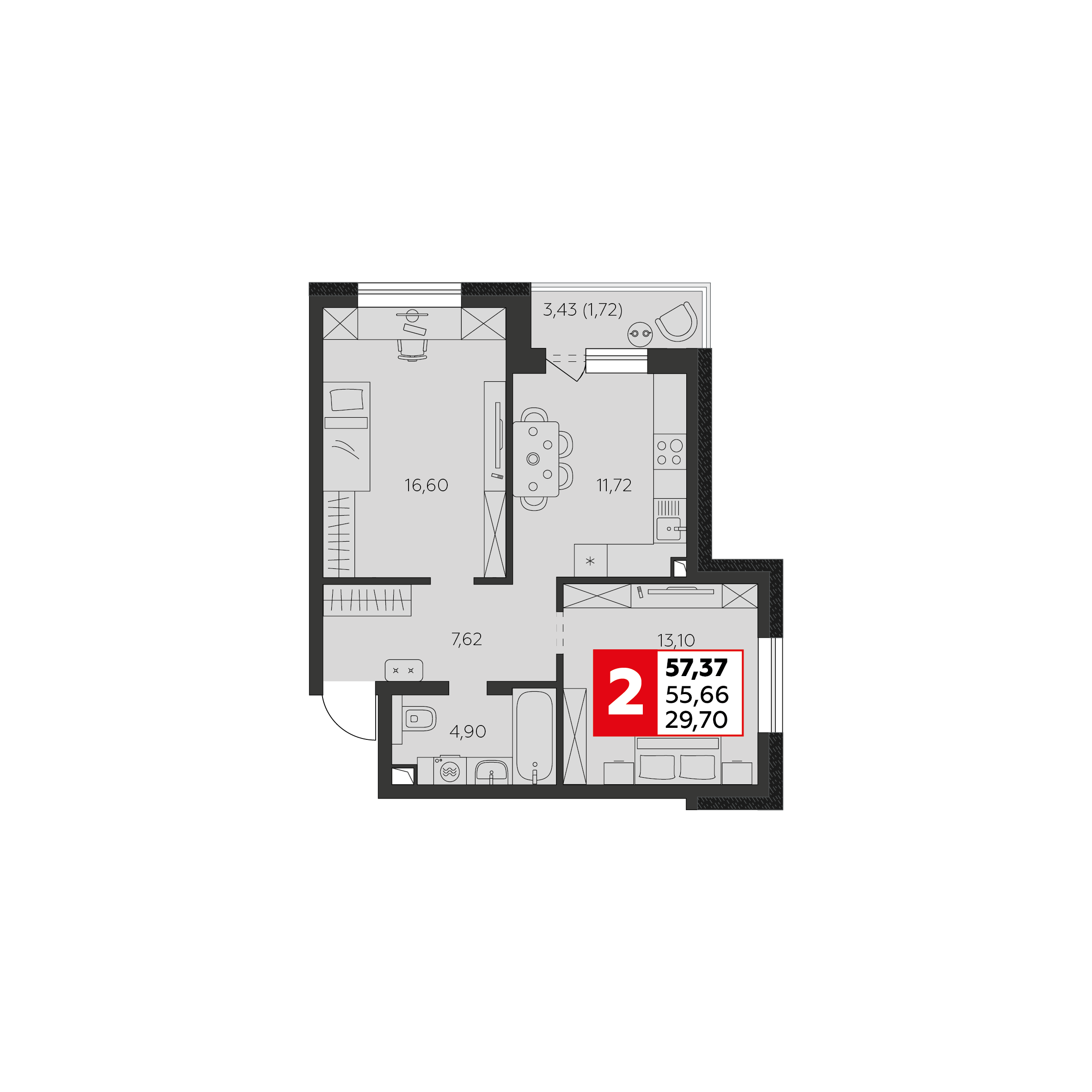 Планировка 2-комнатная 55,66 м²
