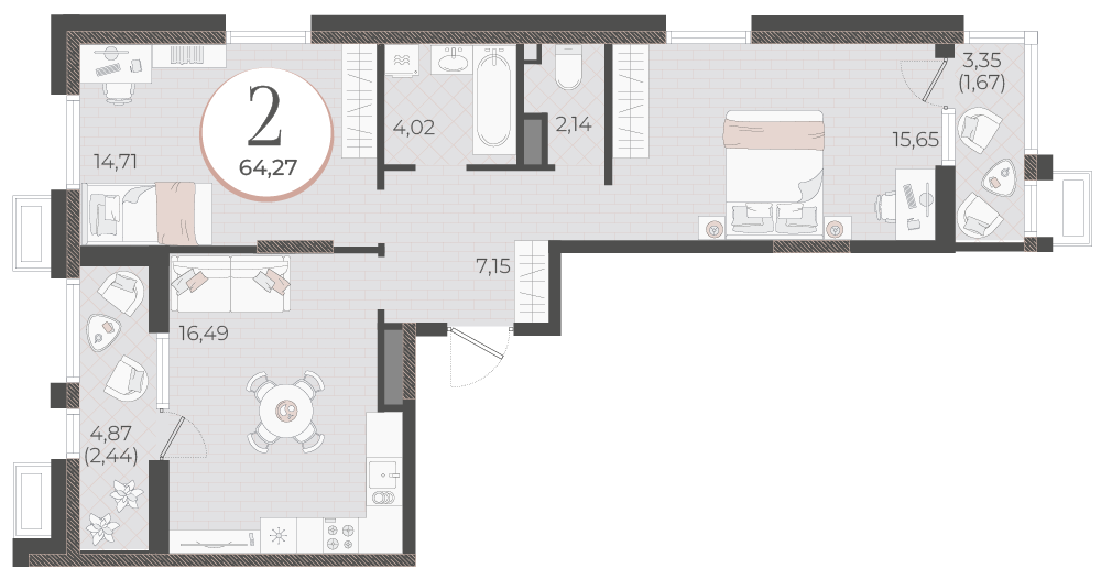 Планировка: 2-комн. квартира 64,3 м²