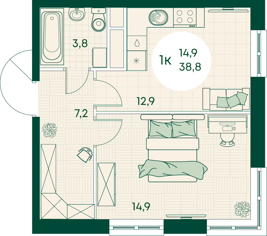 Планировка: 1-комн. квартира 38,8 м²