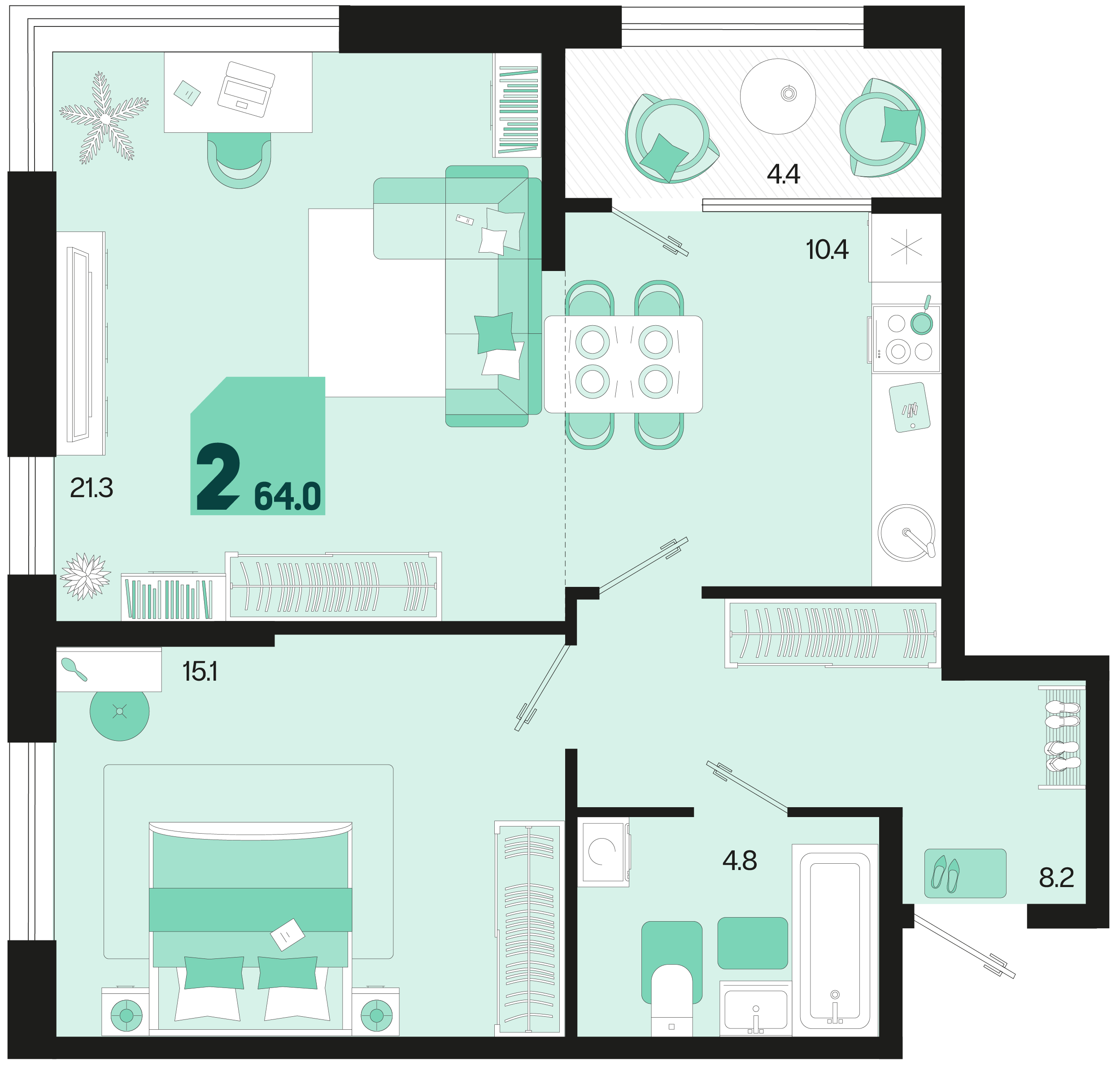 Планировка 2-комнатная 64 м²