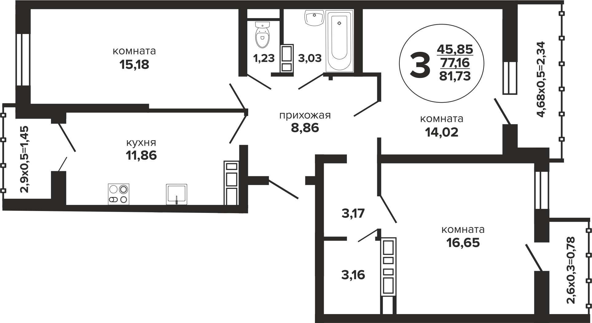 Планировка: 3-комн. квартира 83,5 м²