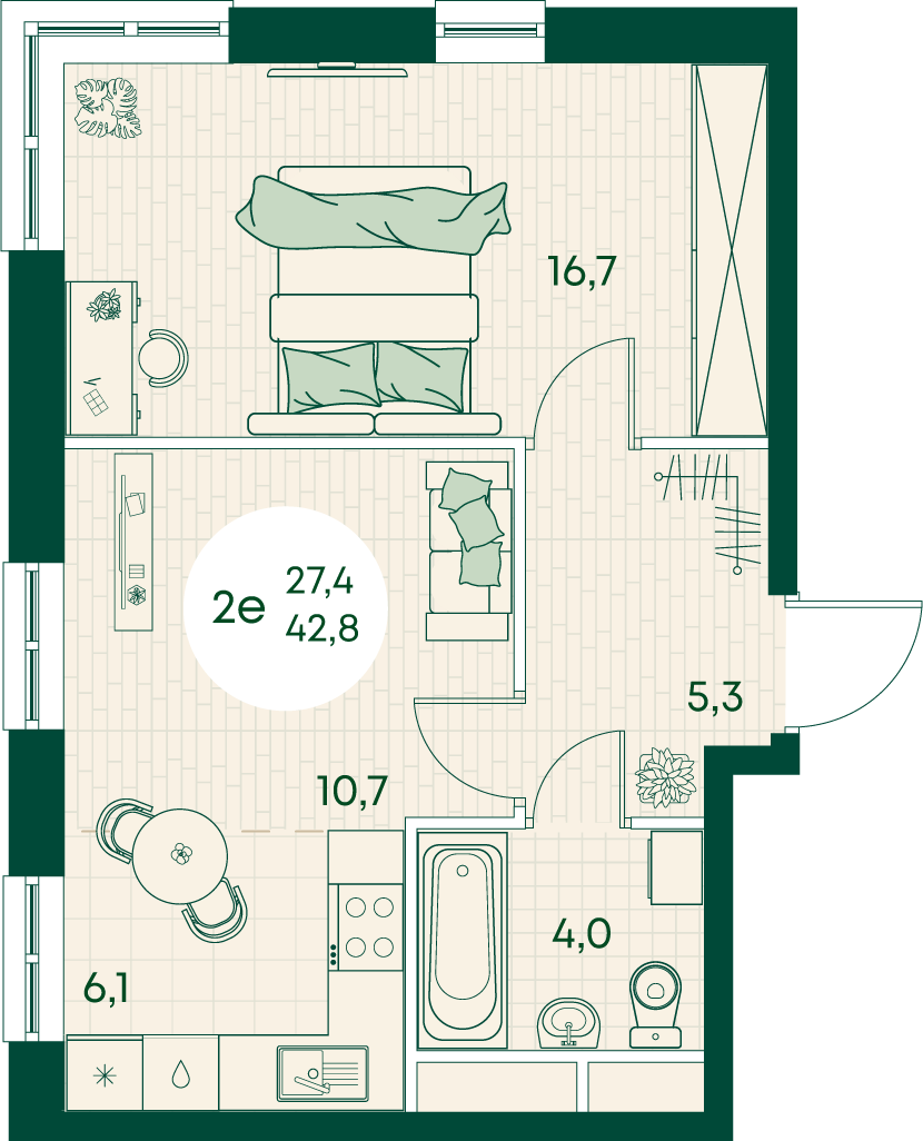 Планировка 2-комнатная 42,8 м²
