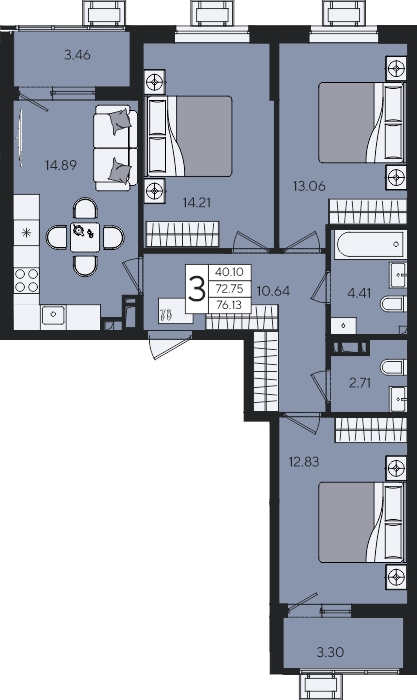 Планировка 3-комнатная 76,13 м²