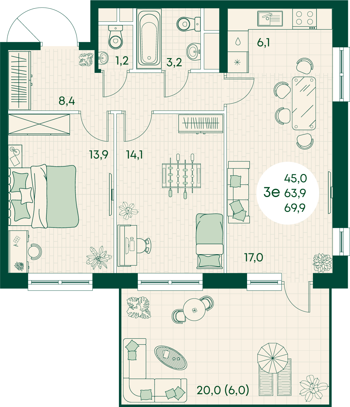 Планировка 3-комнатная 69,9 м²