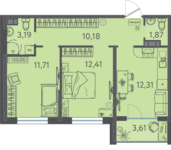 Планировка 2-комнатная 52,35 м²