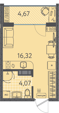 Планировка Студия 22,35 м²