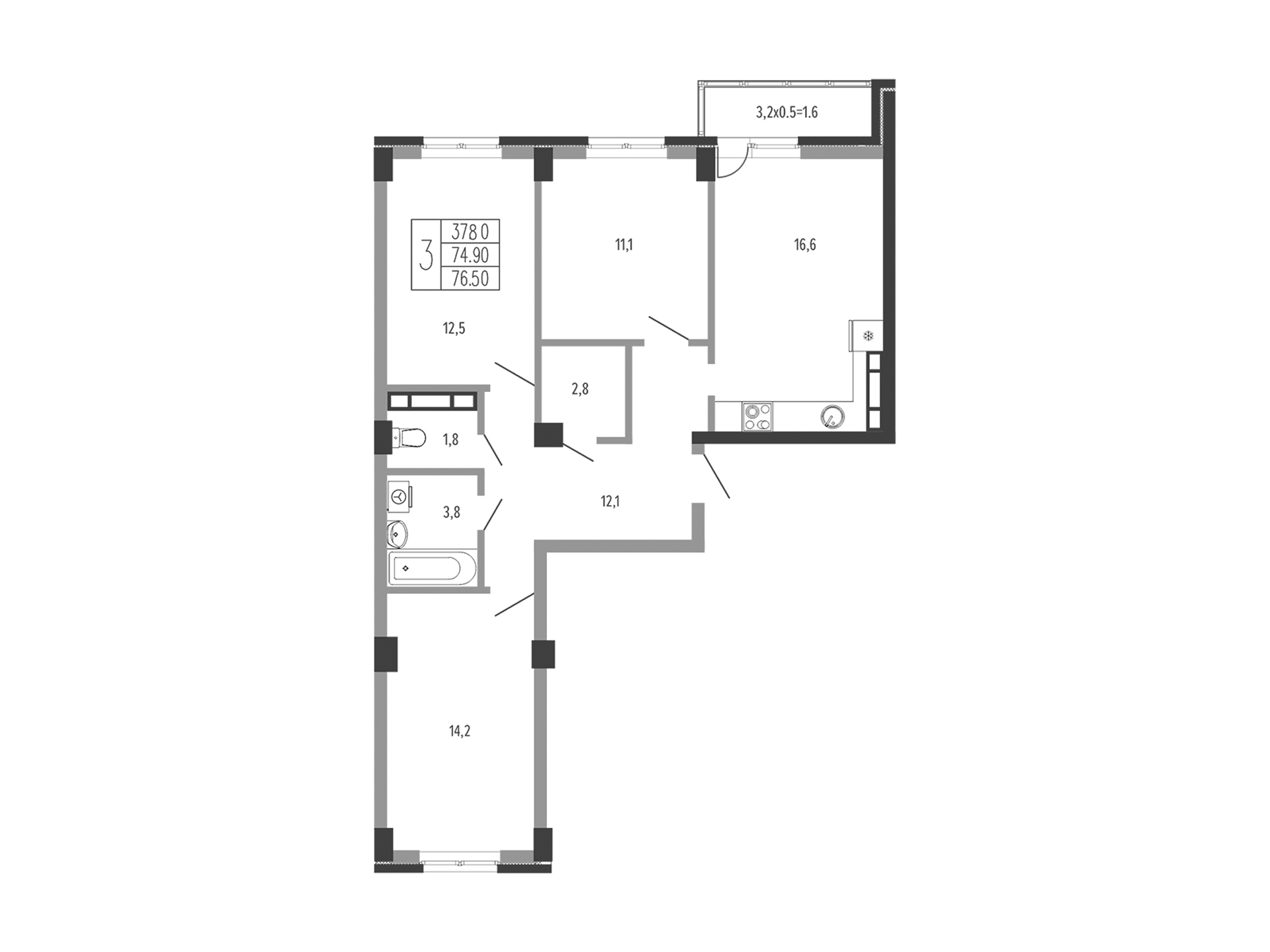 Планировка 3-комнатная 78,3 м²