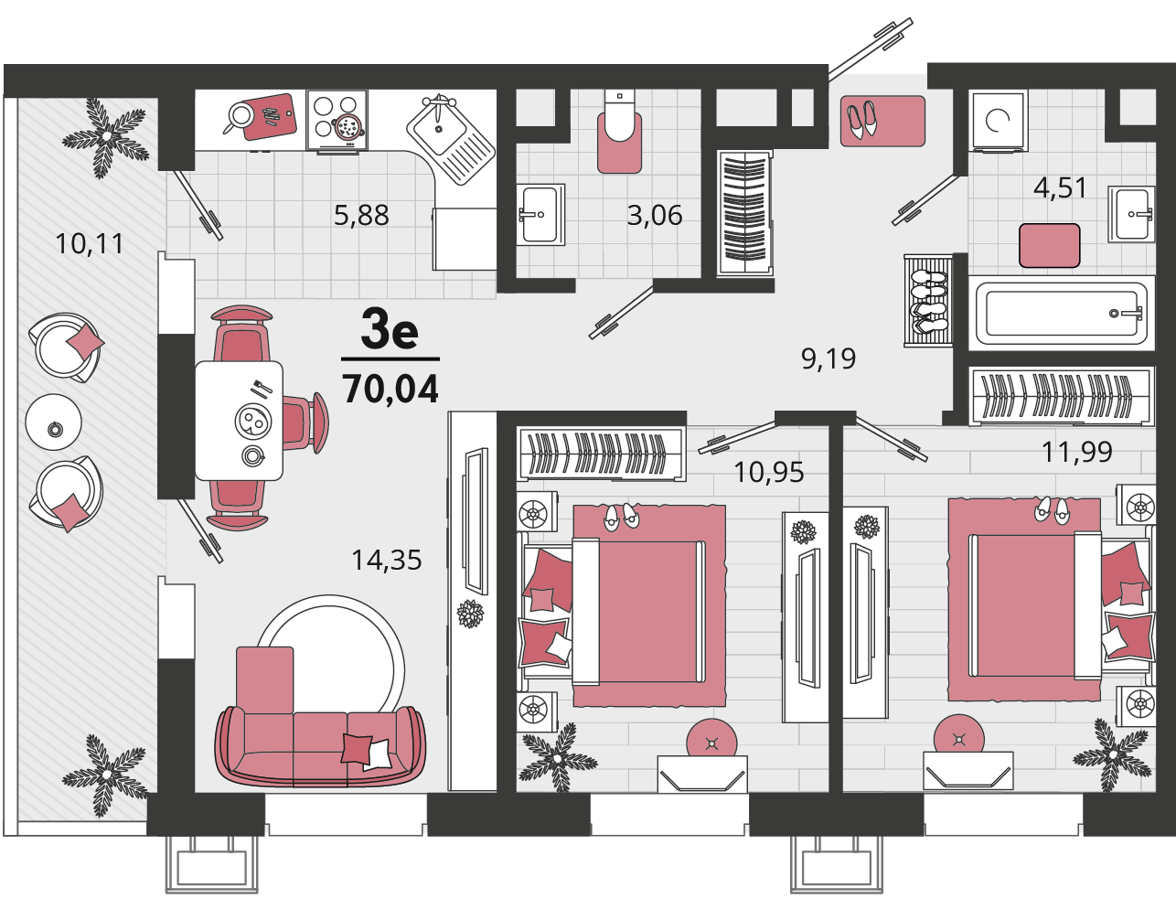Планировка 3-комнатная 70,04 м²