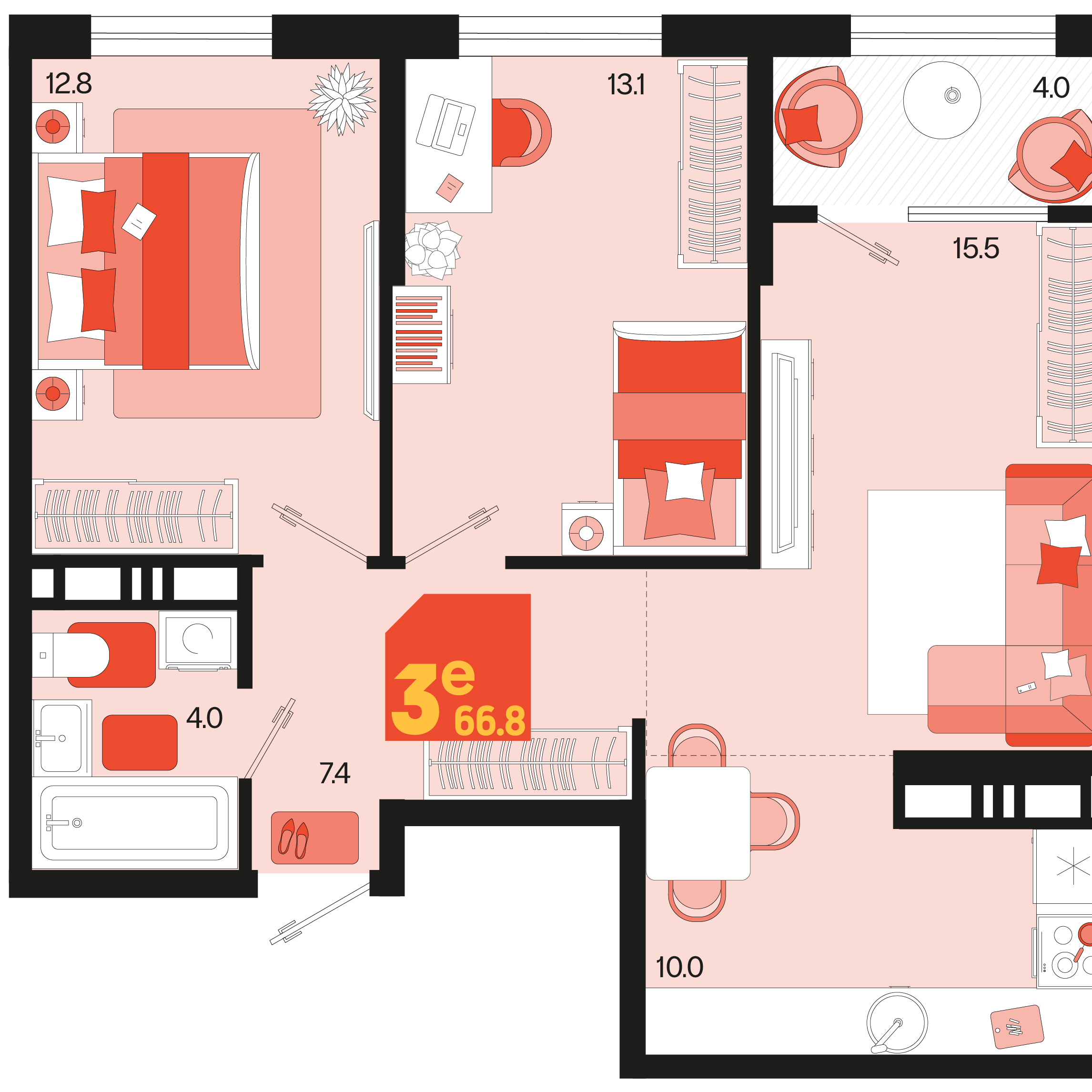 Планировка 3-комнатная 66,8 м²