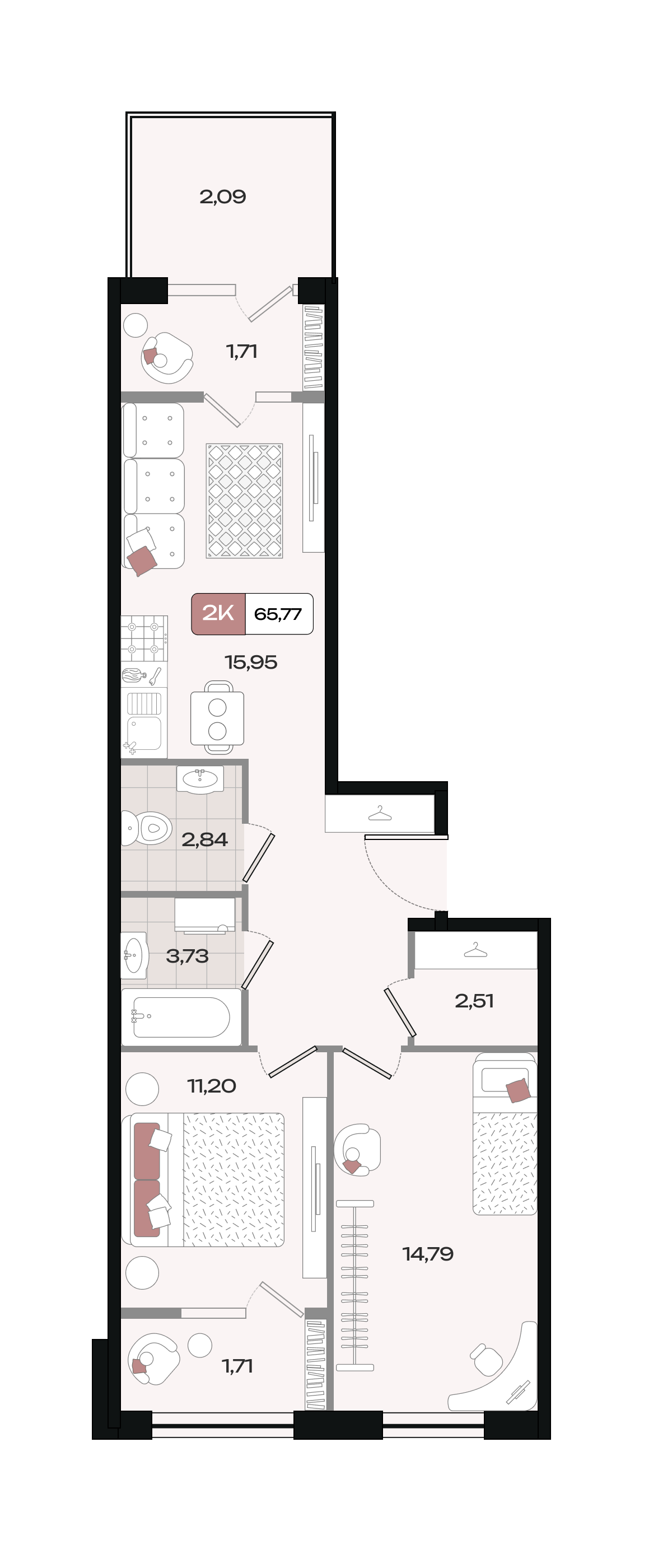 Планировка 2-комнатная 65,77 м²