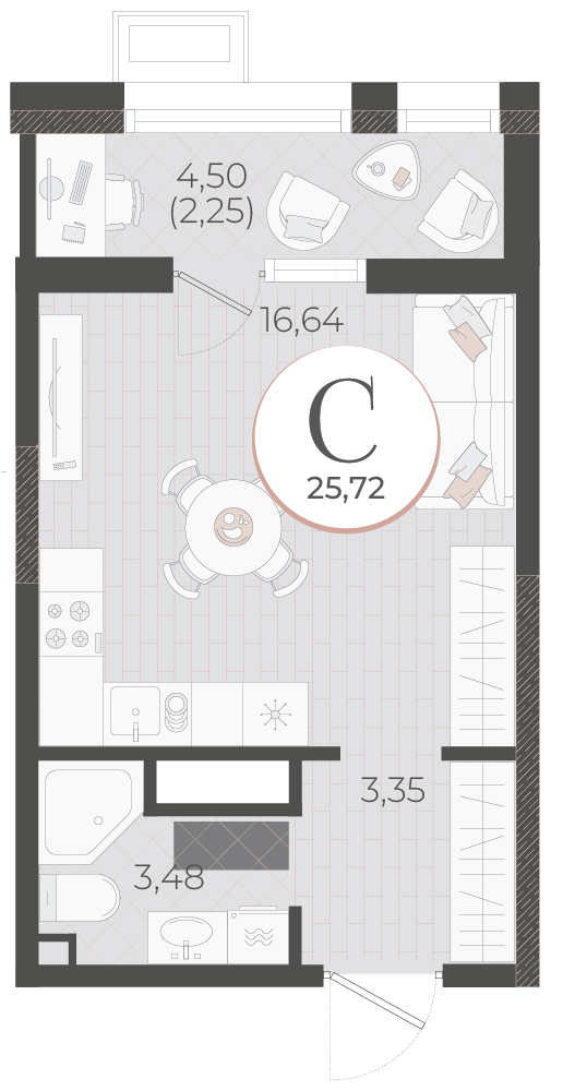 Планировка: Студия 25,7 м²