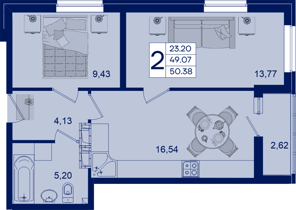 Планировка 2-комнатная 50,38 м²