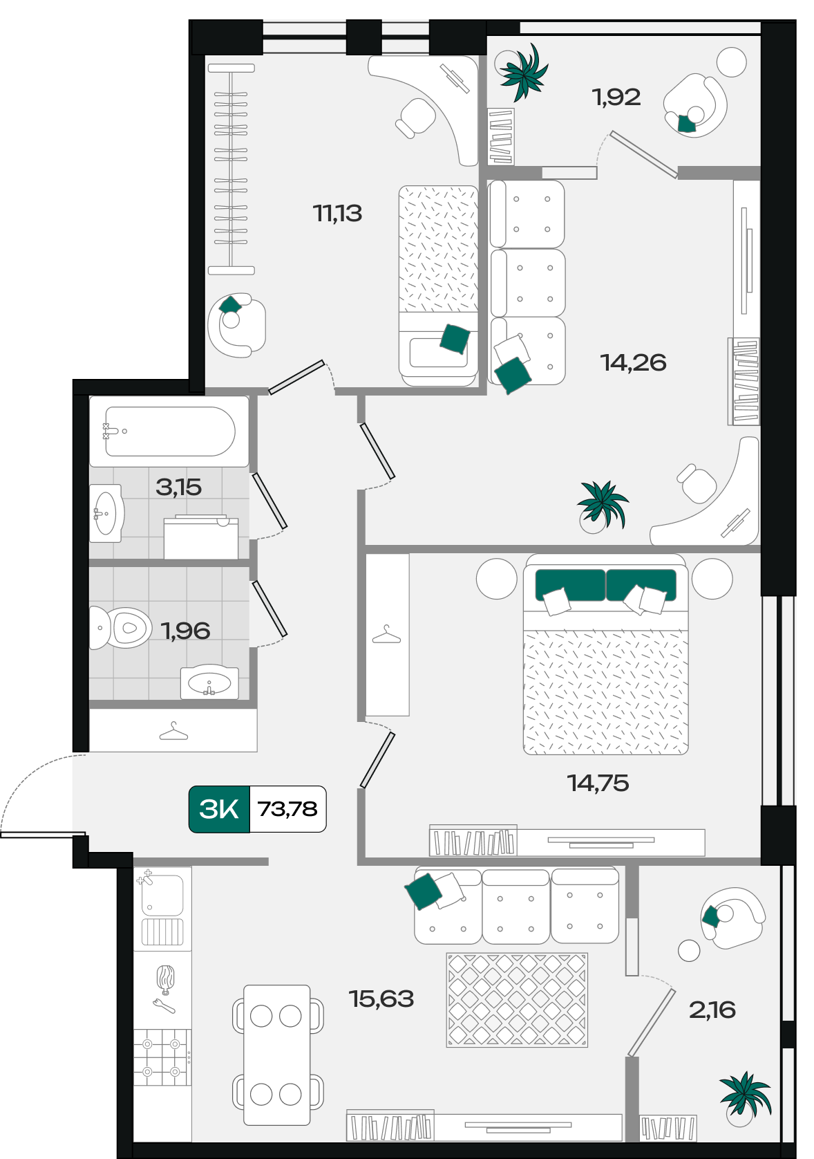 Планировка 3-комнатная 73,78 м²