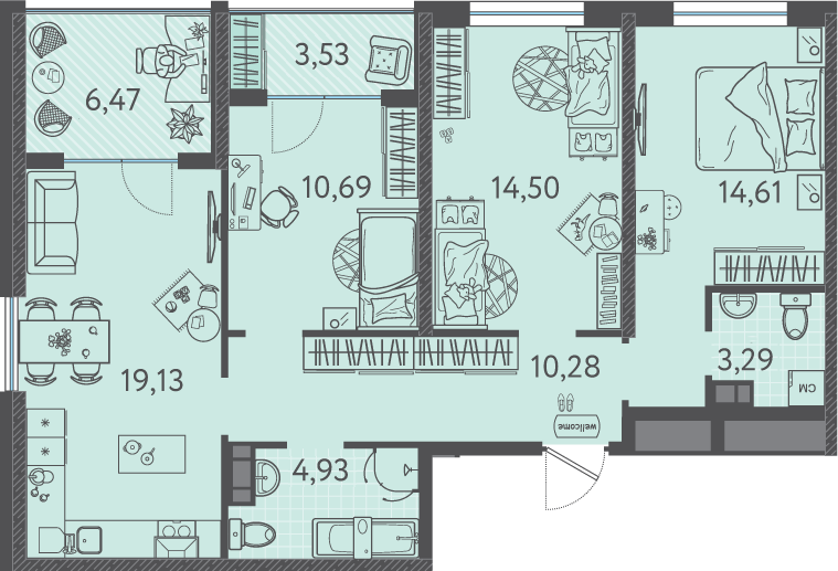 Планировка 3-комнатная 80,15 м²