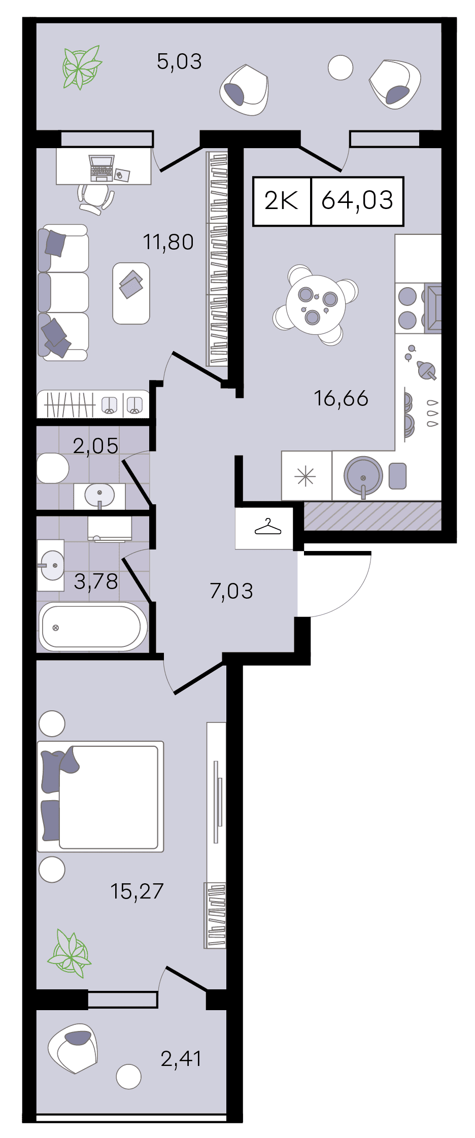 Планировка 2-комнатная 64,03 м²