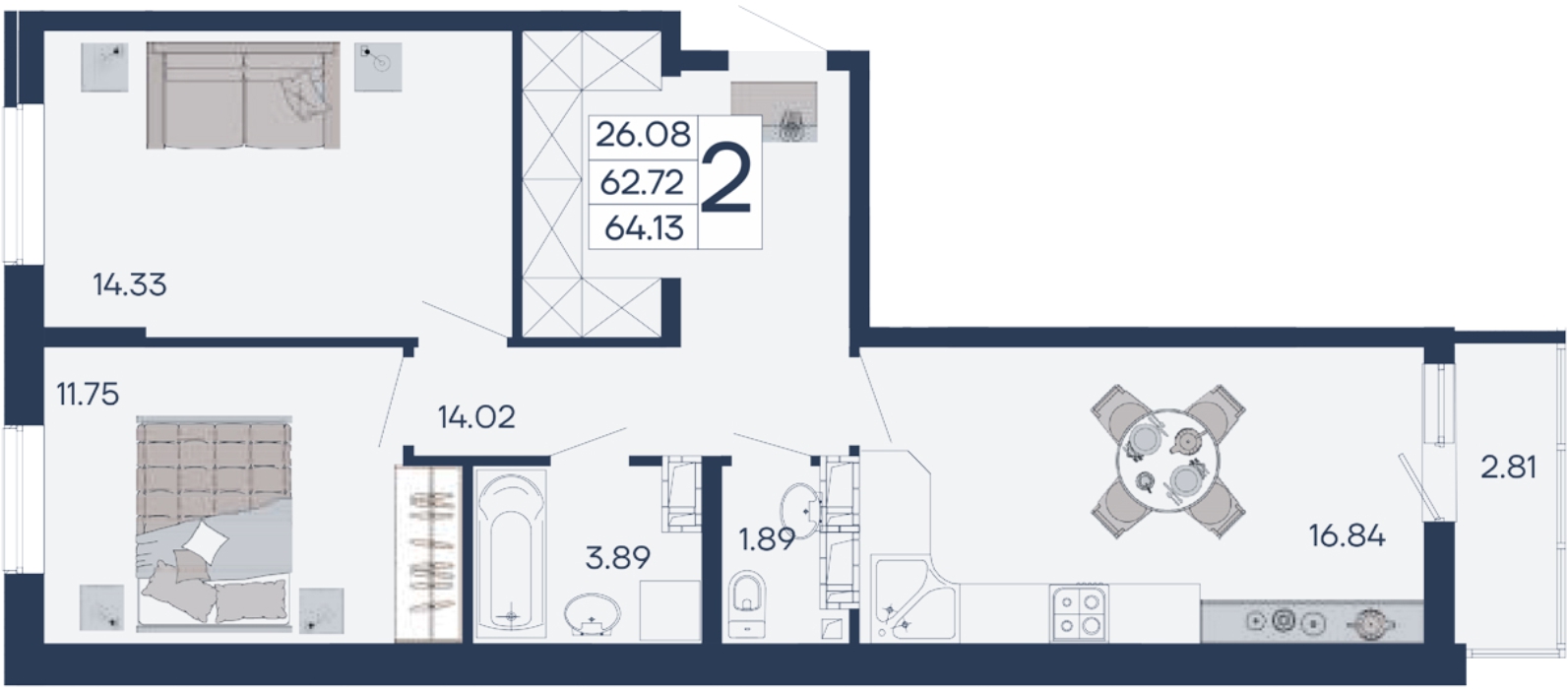 Планировка 2-комнатная 64,13 м²