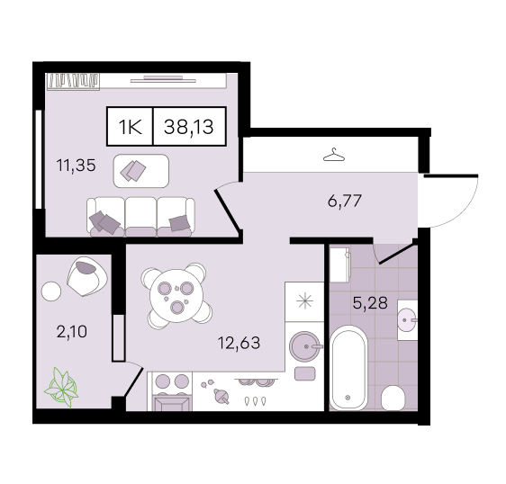 Планировка 1-комнатная 38,13 м²