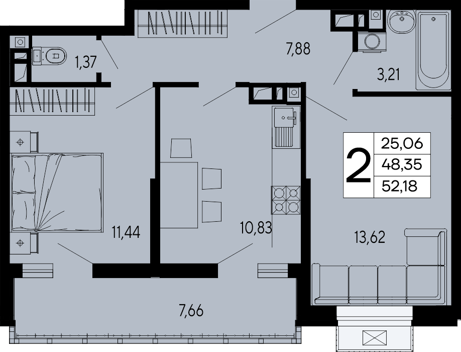 Планировка: 2-комн. квартира 52,2 м²