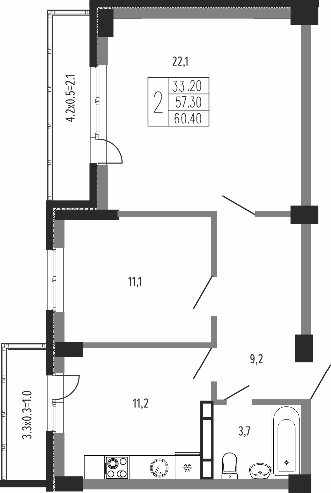 Планировка 2-комнатная 61,88 м²