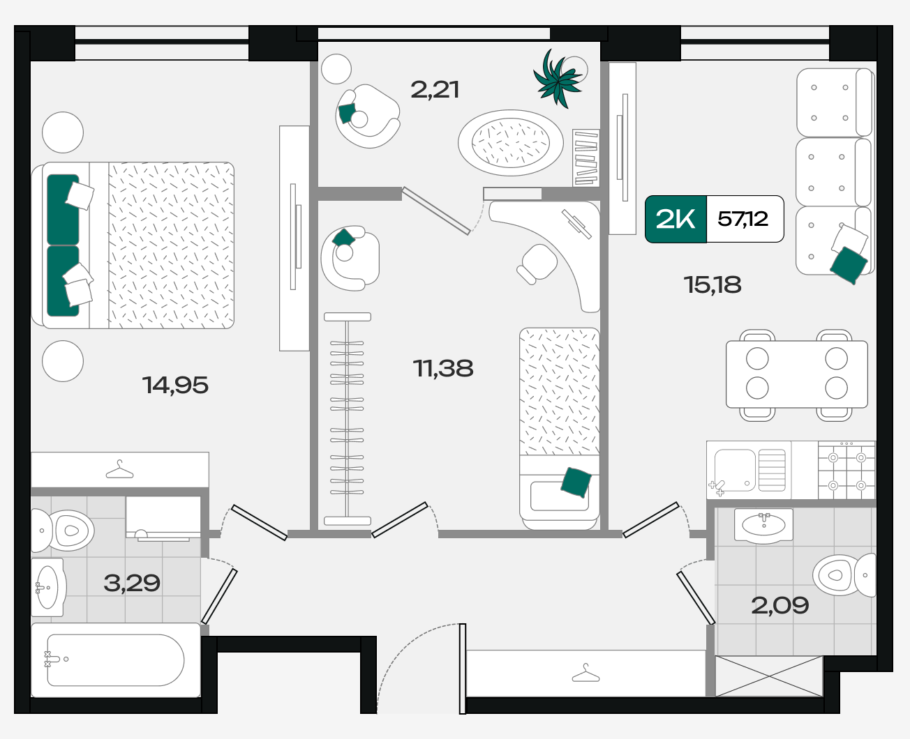 Планировка 2-комнатная 57,12 м²