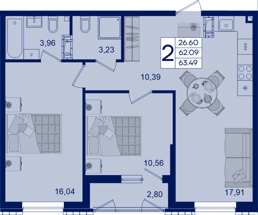 Планировка 2-комнатная 63,49 м²