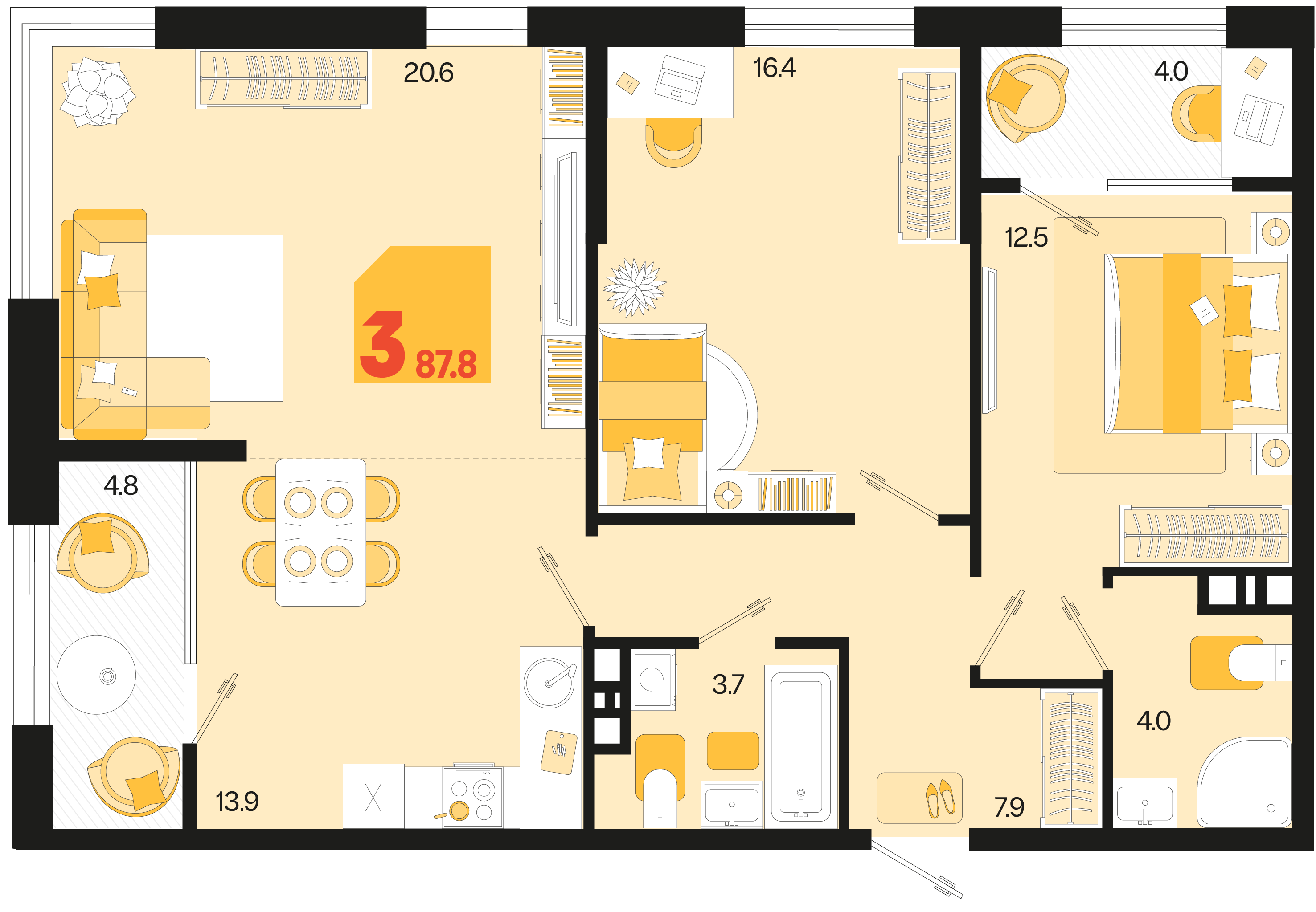 Планировка 3-комнатная 87,8 м²