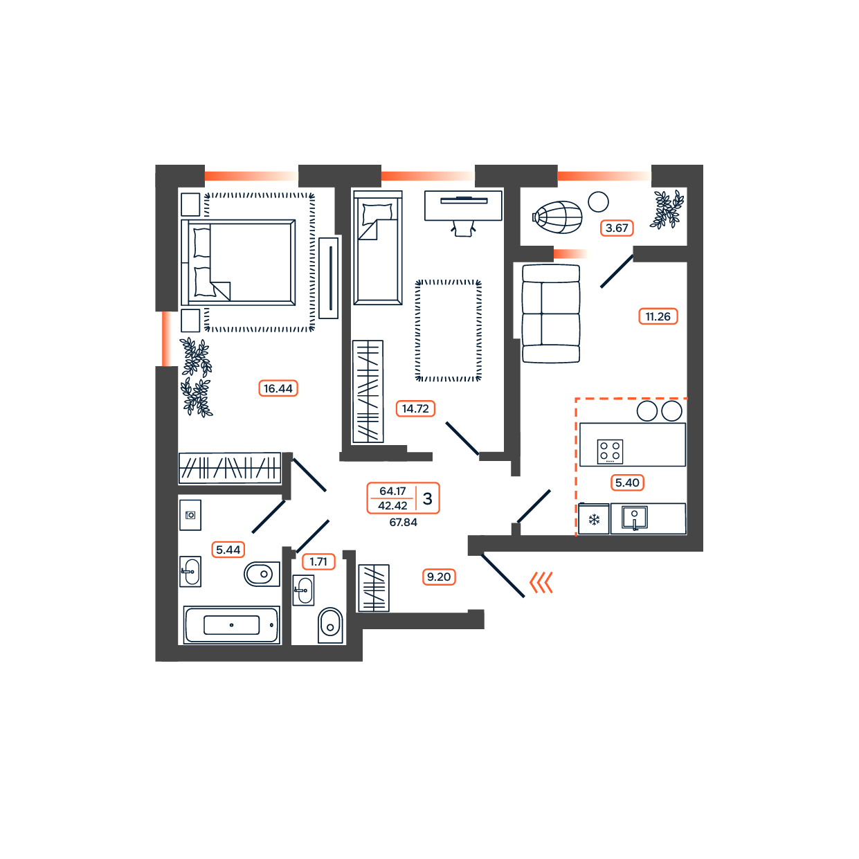 Планировка: 3-комн. квартира 67,8 м²
