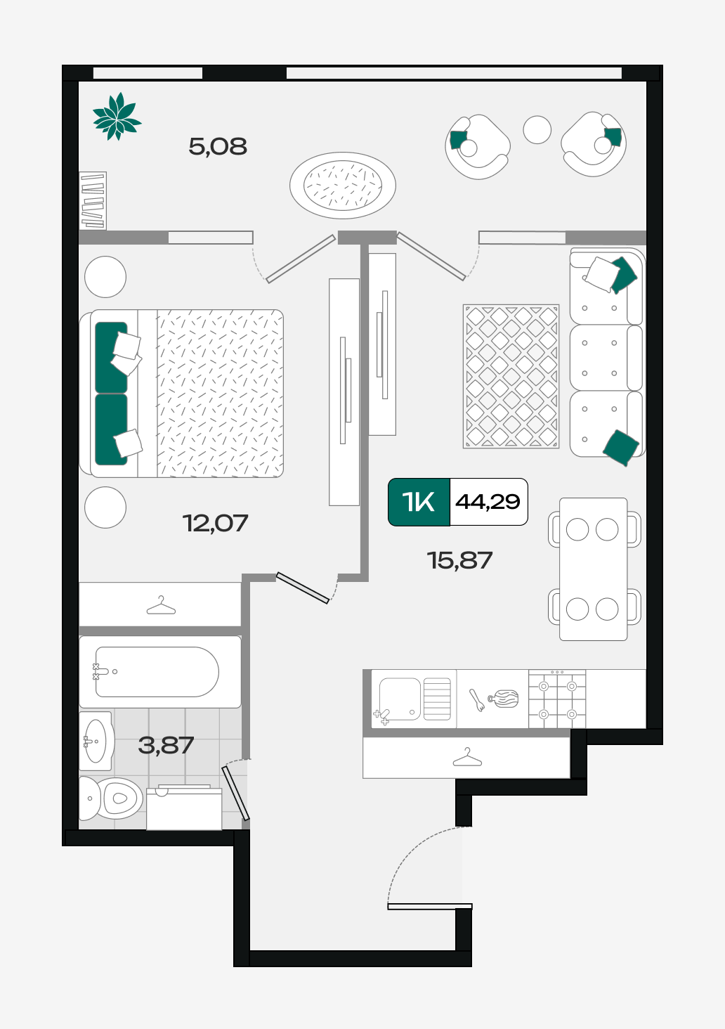 Планировка: 1-комн. квартира 44,3 м²