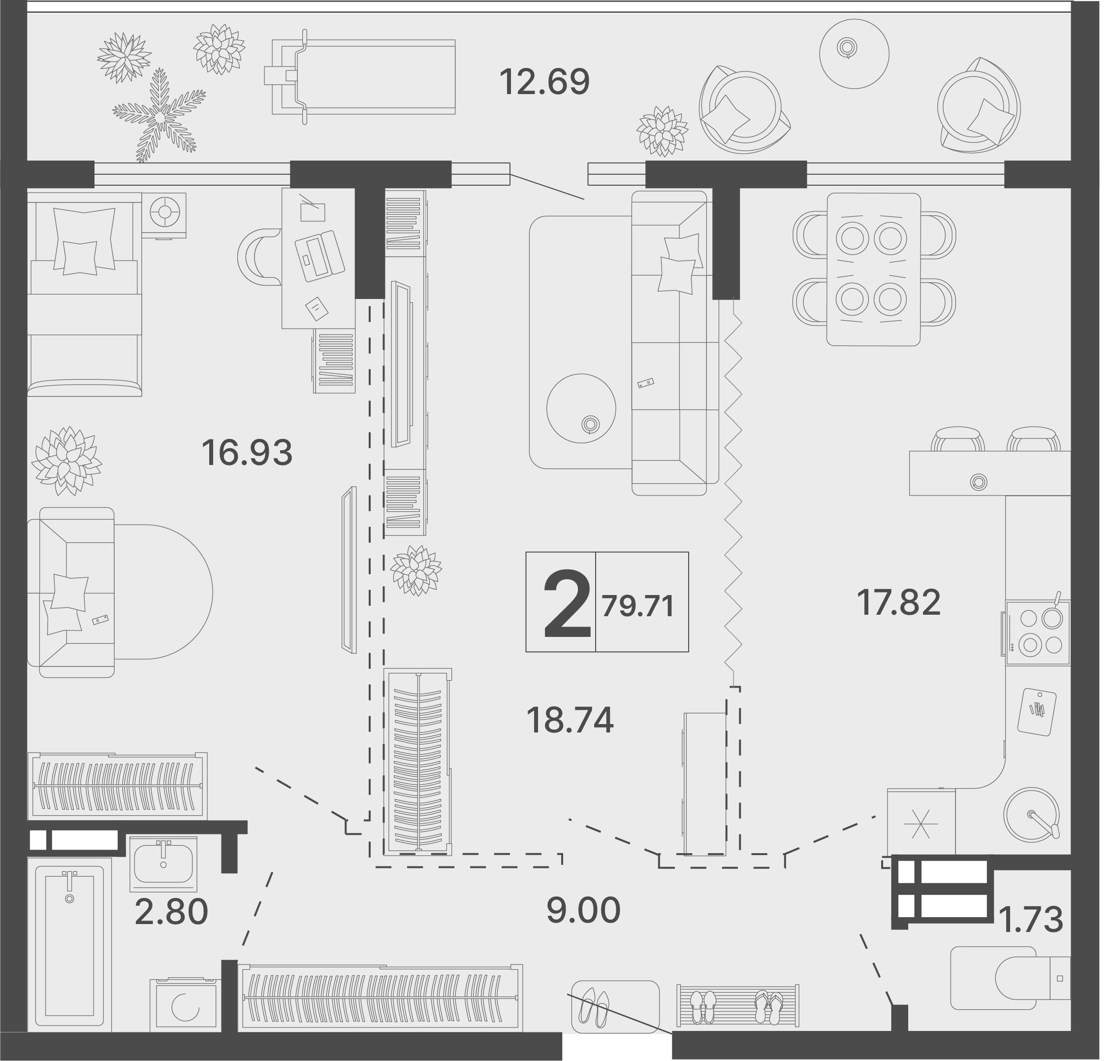 Планировка 2-комнатная 79,71 м²