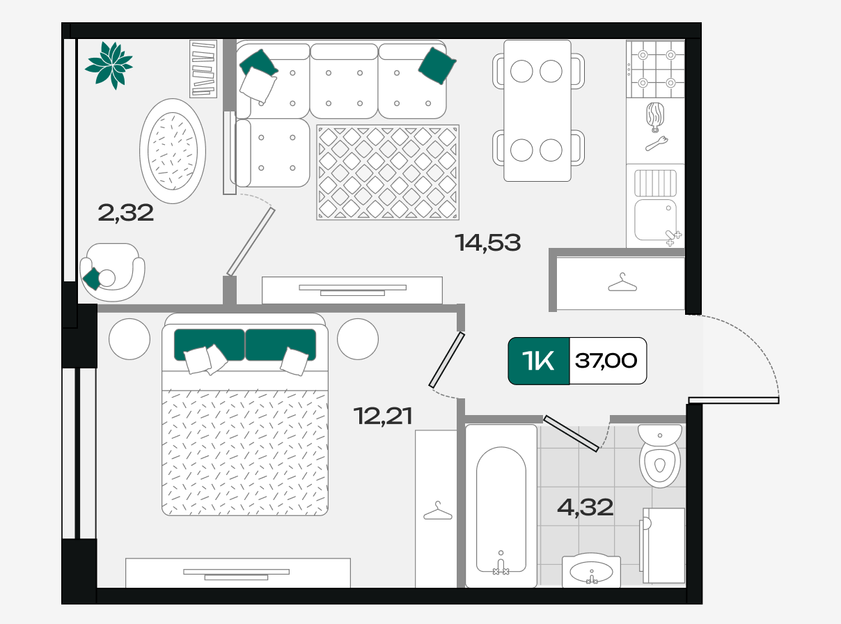 Планировка 1-комнатная 37 м²