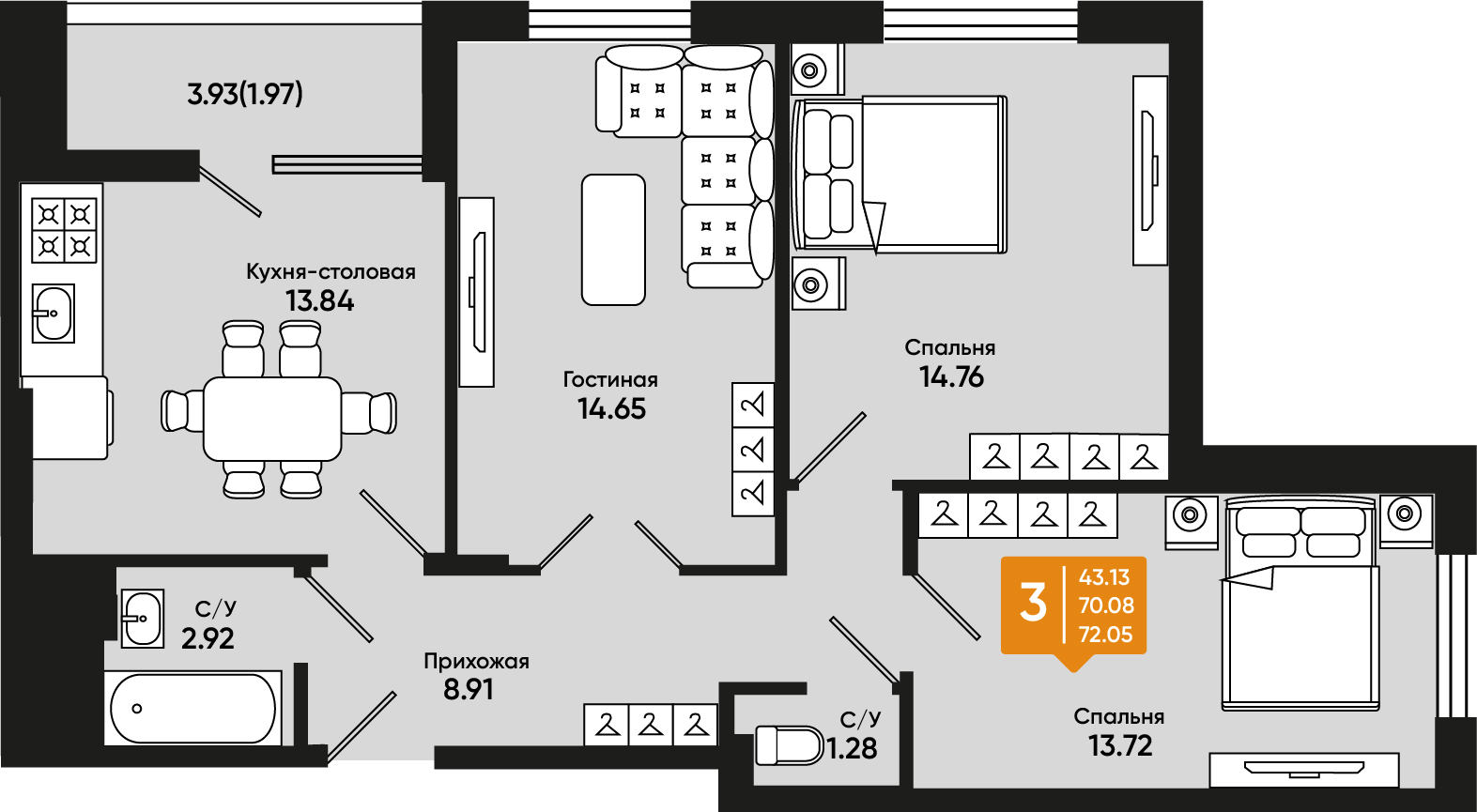 Планировка: 3-комн. квартира 71,1 м²