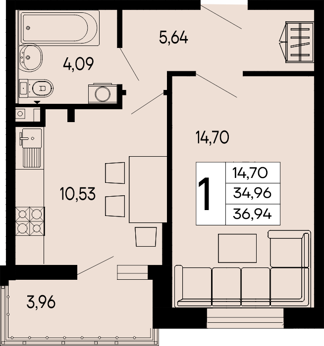 Планировка: 1-комн. квартира 36,9 м²