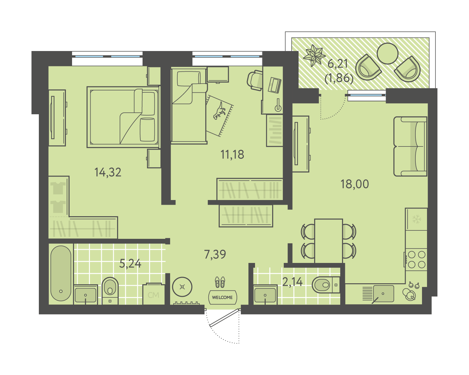 Планировка: 2-комн. квартира 60,1 м²