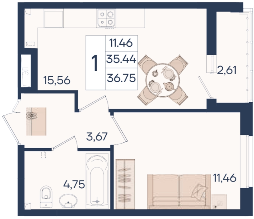 Планировка: 1-комн. квартира 36,8 м²