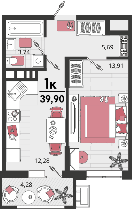 Планировка 1-комнатная 39,9 м²