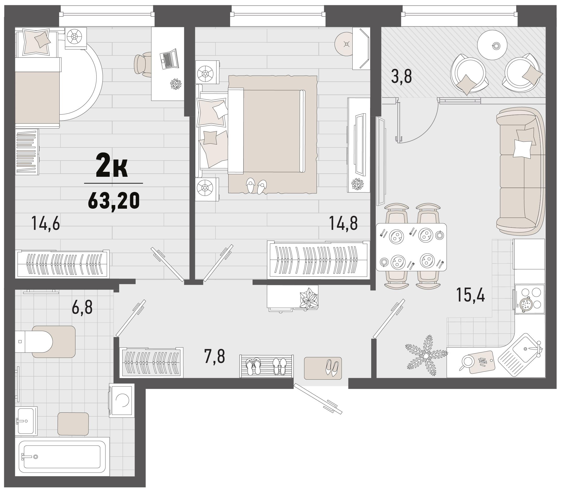 Планировка 2-комнатная 63,2 м²