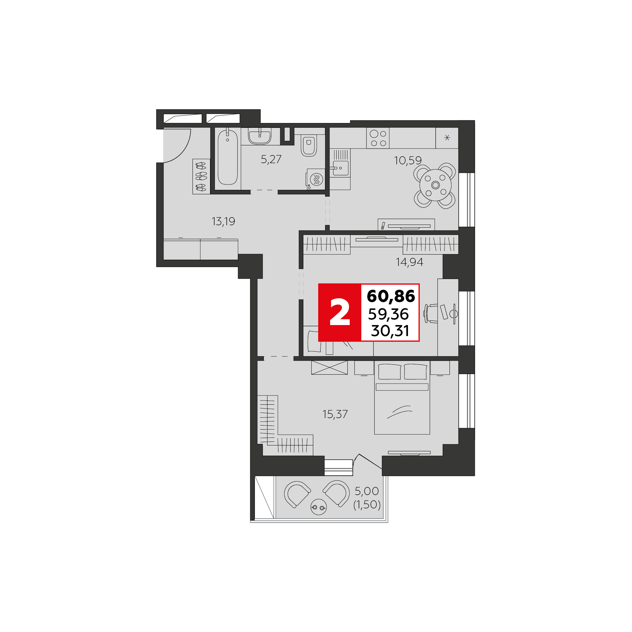Планировка 2-комнатная 60,86 м²