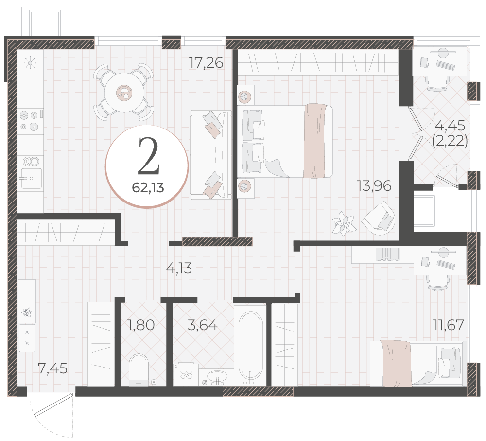 Планировка 2-комнатная 62,13 м²