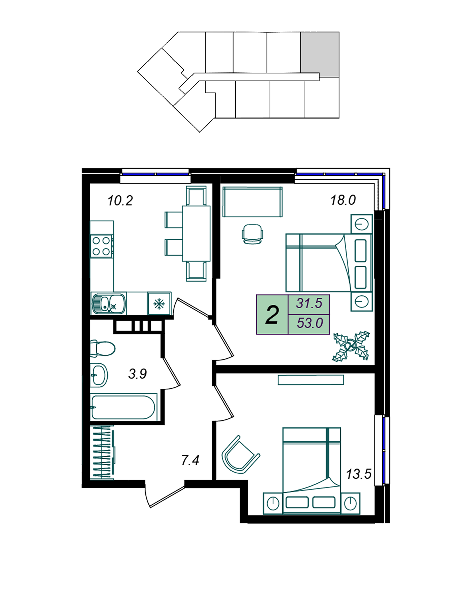 Планировка: 2-комн. квартира 53 м²