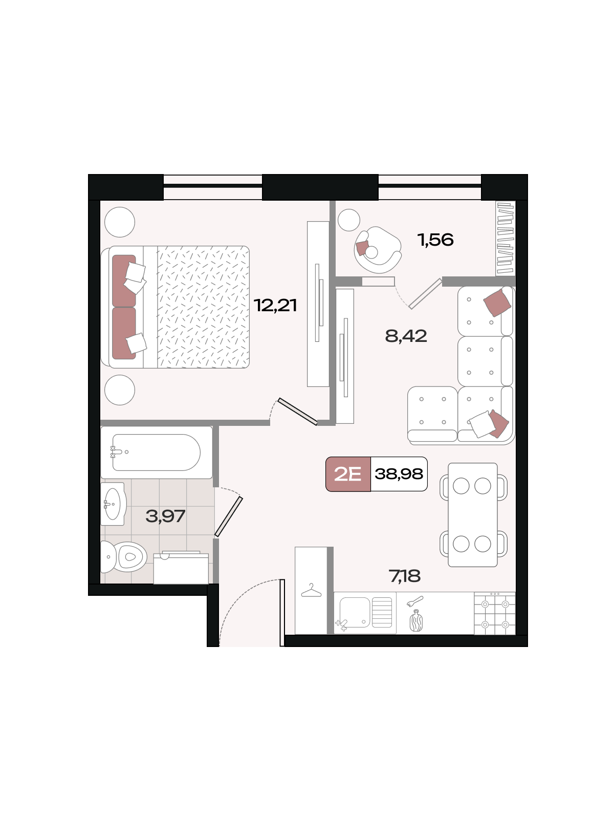 Планировка 2-комнатная 38,98 м²