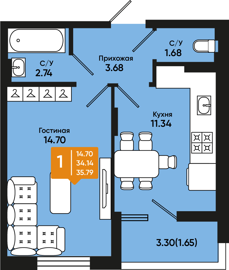 Планировка: 1-комн. квартира 34,9 м²
